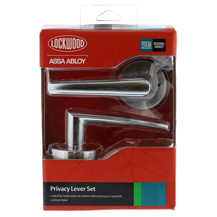 Lockwood VEL2-L2 Velocity Privacy Lever Set On Large Round Rose - Satin Chrome Brushed - Display Pack 4 Lockwood VEL2-L2 Velocity Privacy Lever Set On Large Round Rose - Satin Chrome Brushed - Display Pack - Image 2