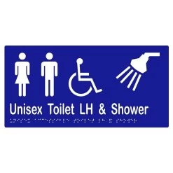 Metlam Unisex Accessible Toilets And Shower Braille Signage - Left Hand - Blue And White - 150 H X 300mm W