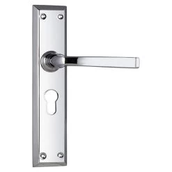 Tradco 0684E Menton Lever On Euro Cylinder Hole Long Backplate - Chrome Plate